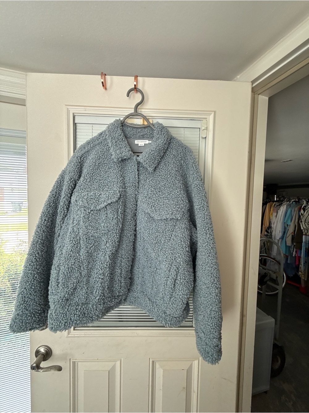 Good American Plush Teddy Jacket in Light Blue